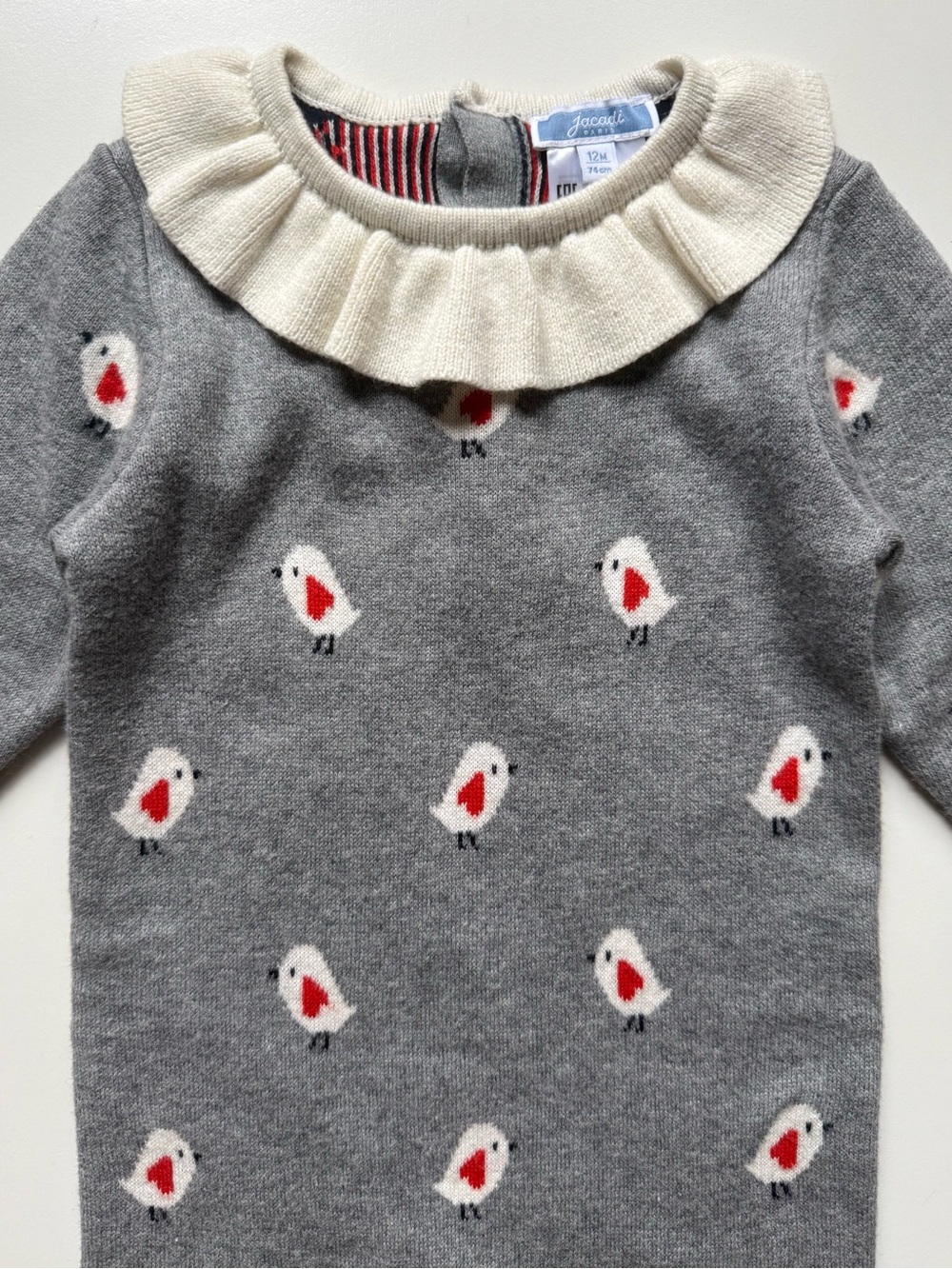 Jacadi Gray Knit One-Piece w/ Ivory Ruffle Collar & Valentine Bird Pattern - 12M - Picture 3 of 15